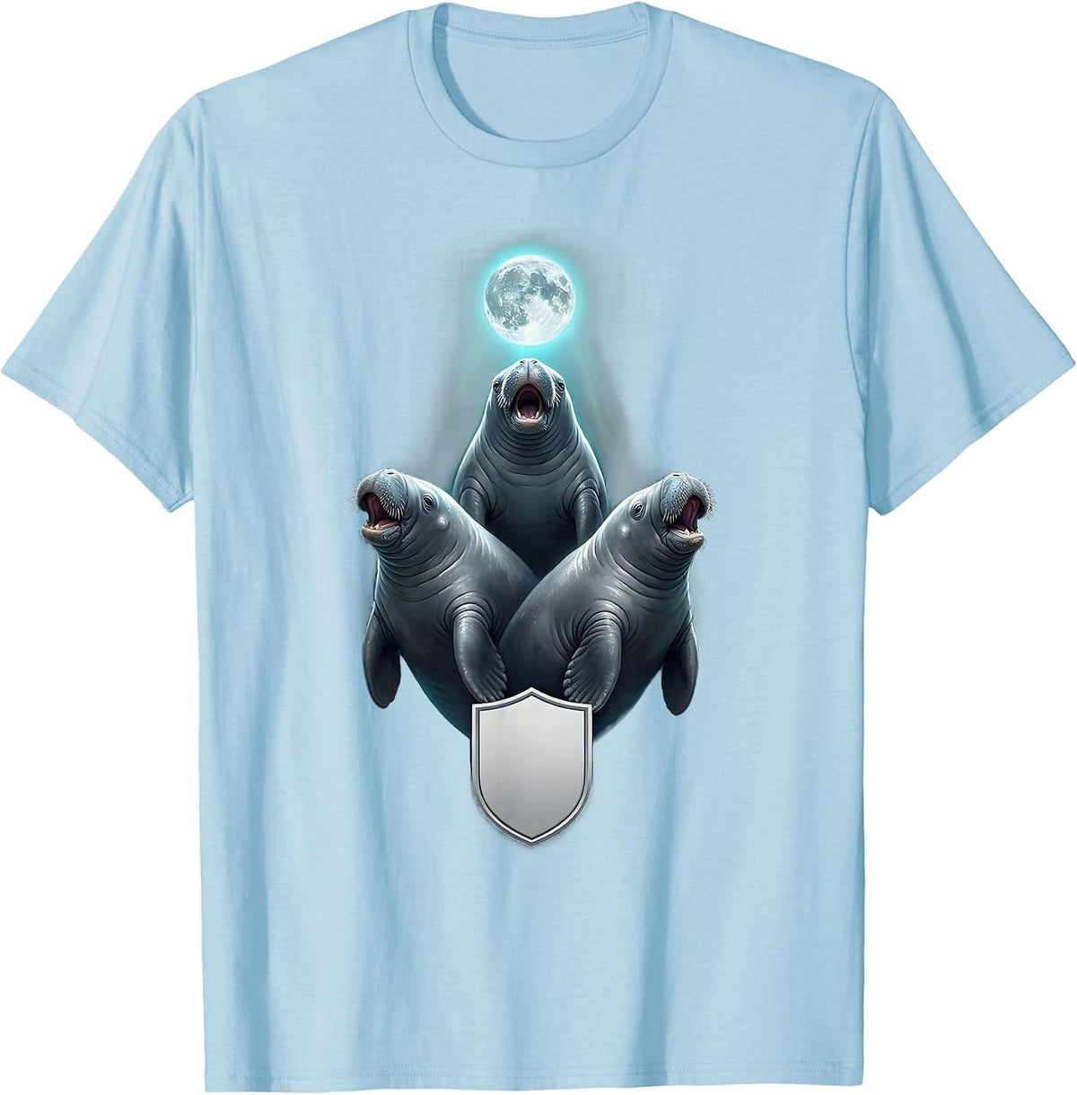 Men's Three Manatee Moon Howling Funny Animal Meme Parody T-Shirt - Baby Blue