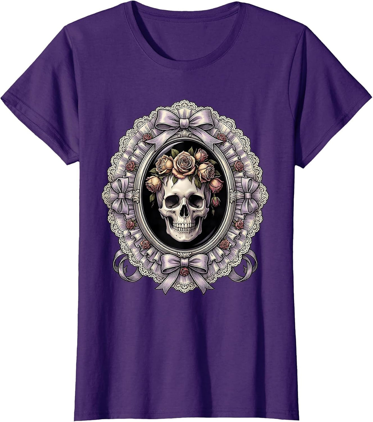 Women's Skull Crowned With Wilting Black Roses Goth Art T-Shirt - Purple