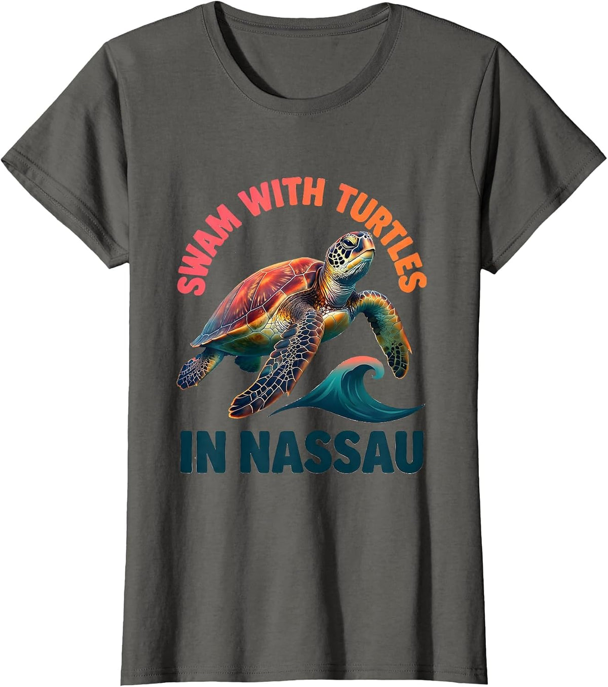 Women's Swam With Turtles In Nassau Gradient Sea Turtle Souvenir T-Shirt - Asphalt Grey
