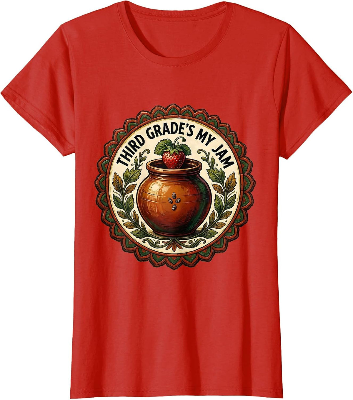 Third Grade's My Jam Folk Art Strawberry Back To School T-Shirt - Red