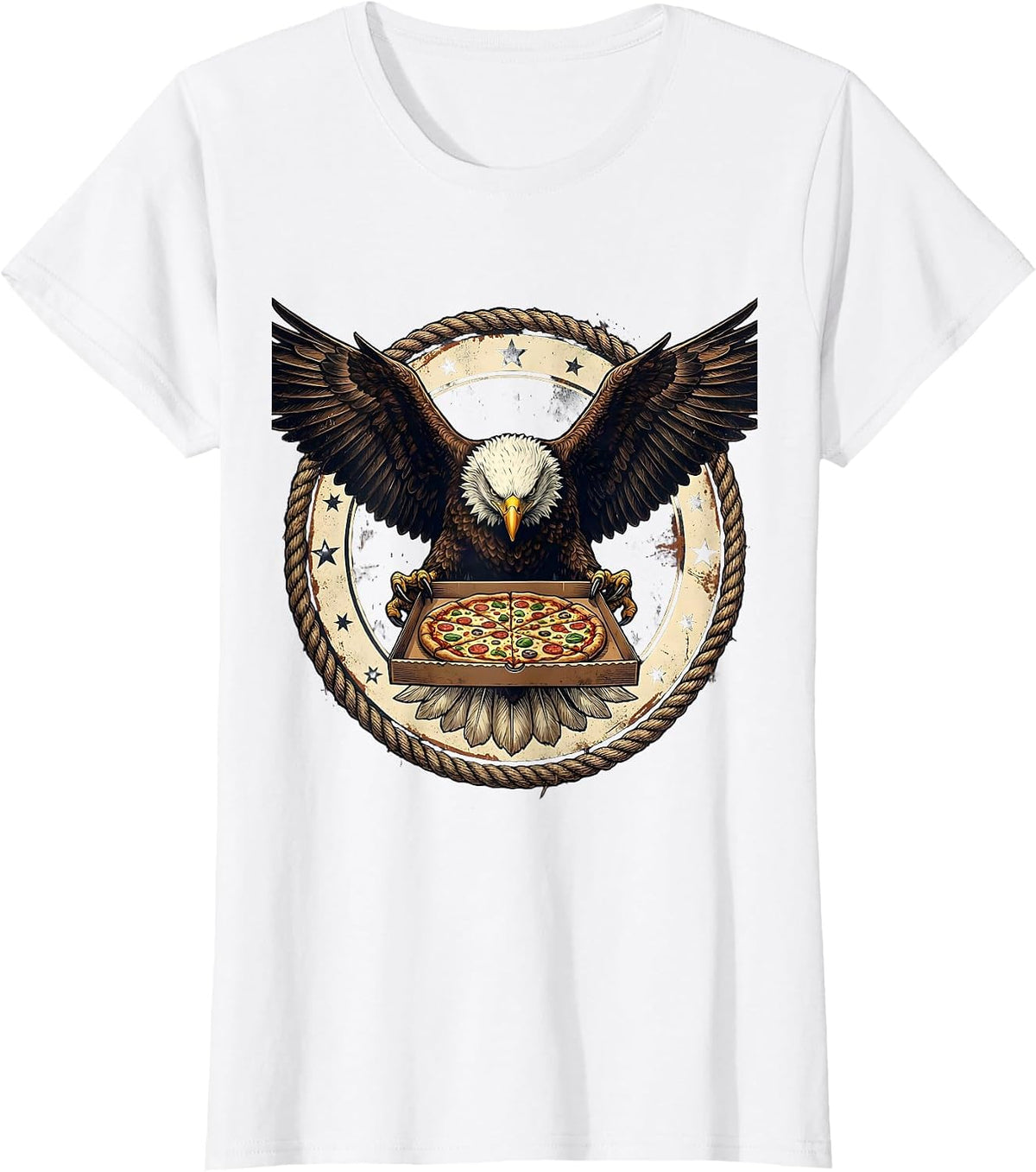 Women's Bald Eagle Pizza Delivery Funny Novelty Graphic Tee T-Shirt - White