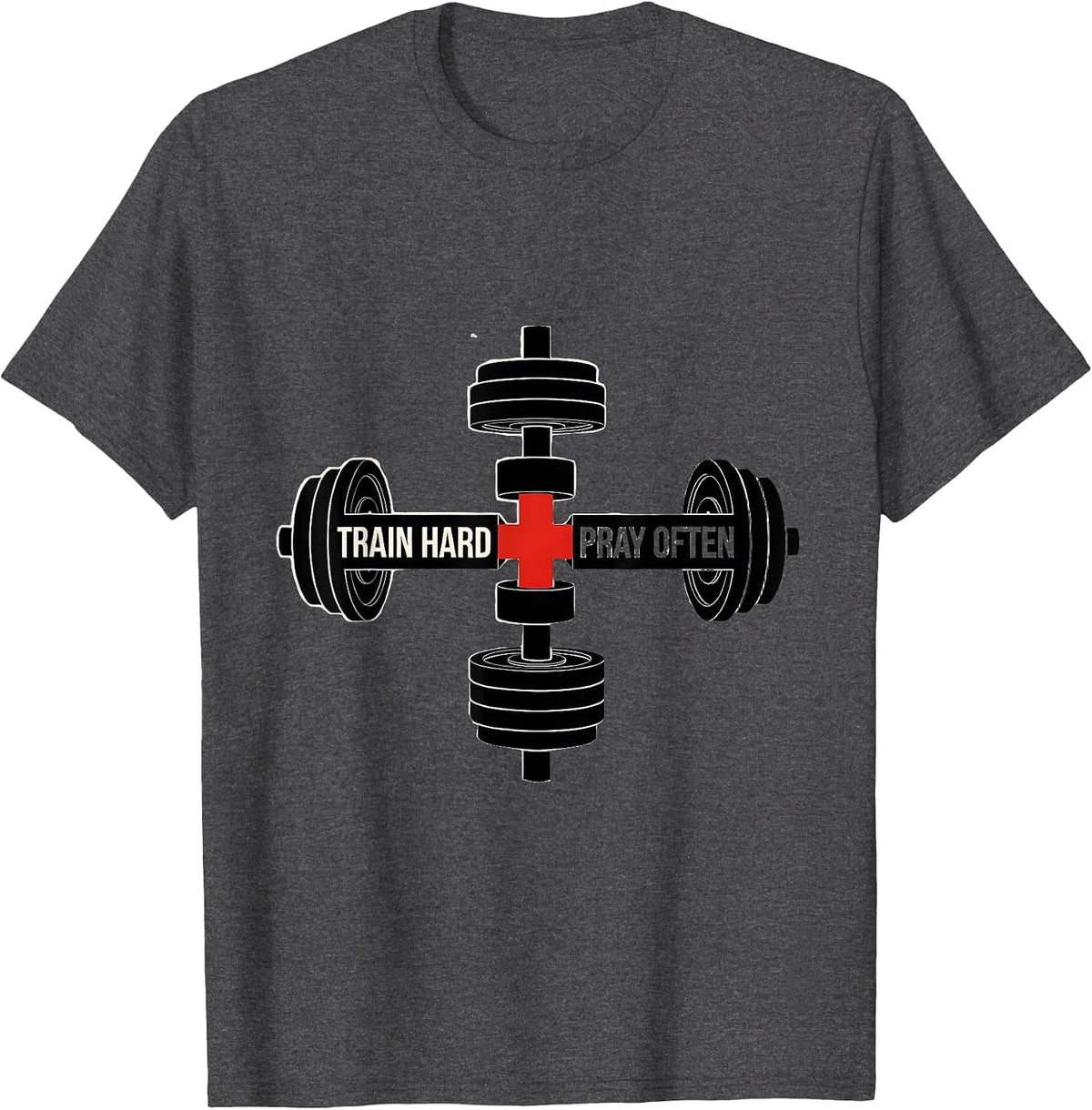 Men's Train Hard Pray Often Geometric Faith Fitness Gym Motivation T-Shirt - Dark Heather Grey