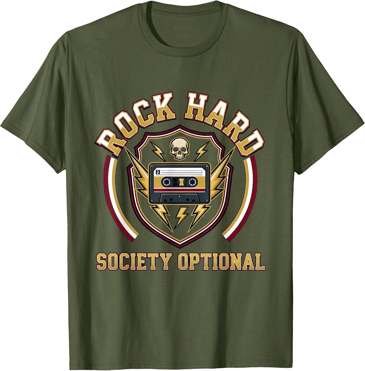 Rock Hard, Society Optional Varsity Crest Design T-Shirt - Olive Green