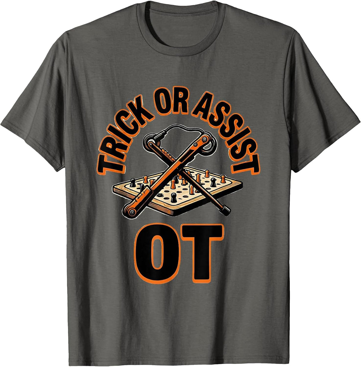 Trick Or Assist OT Funny Physical Therapy Halloween Team T-Shirt - Asphalt Grey