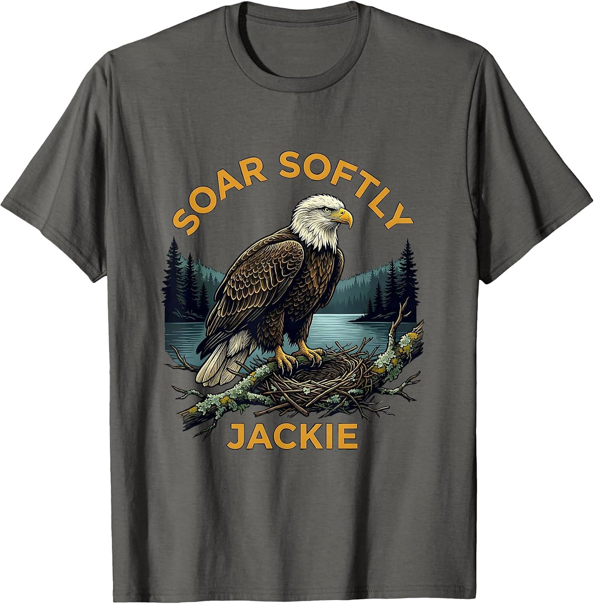 Men's Soar Softly Jackie Memorial Bald Eagle Nature Lover Tribute T-Shirt - Asphalt Grey