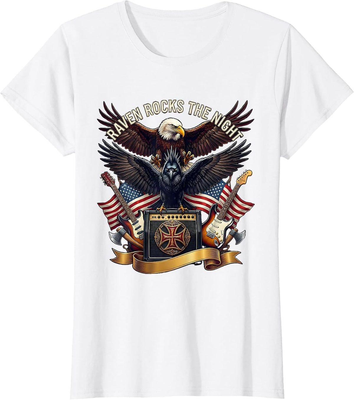 Halloween Punk Rock Raven on Amp Design T-Shirt - White