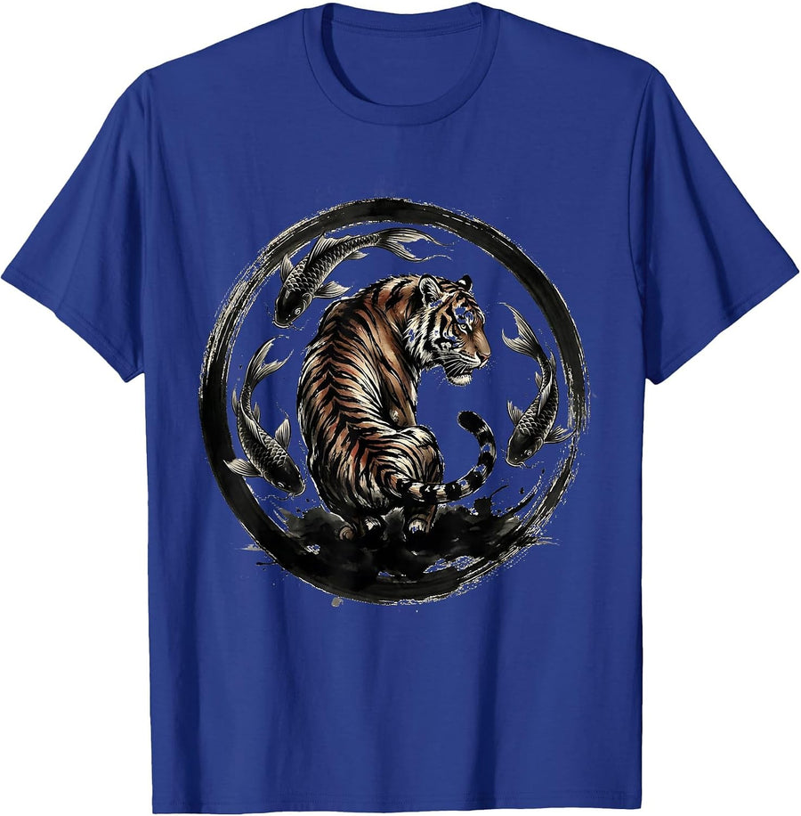 Tiger and Koi Fish Swirl Graphic Design T-Shirt - Royal Blue