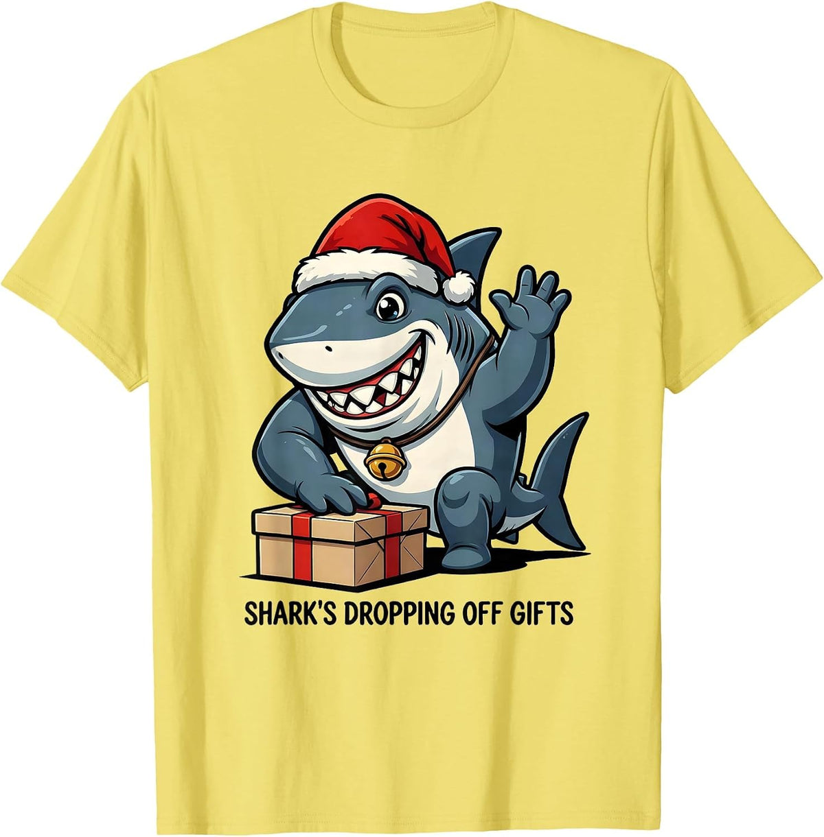 Men's Shark's Dropping Off Gifts Cartoon Shark Lover Christmas T-Shirt - Lemon Yellow