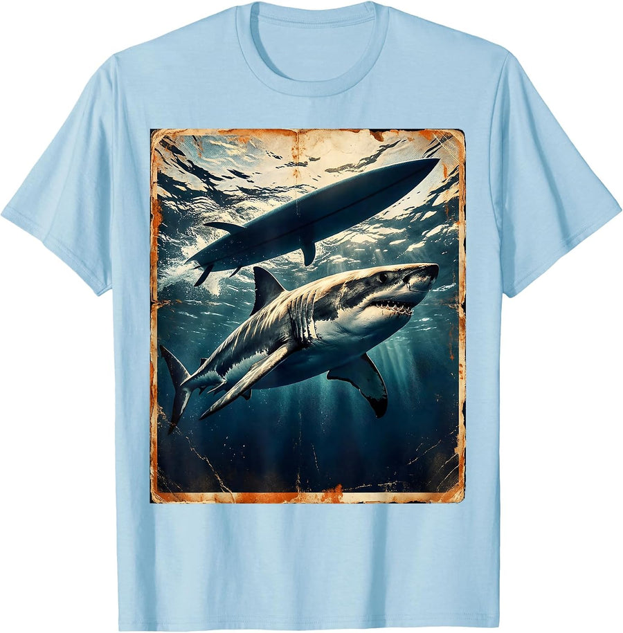 Men's Boys Hawaiian Shark Under Surfboard Graphic Tee T-Shirt - Baby Blue
