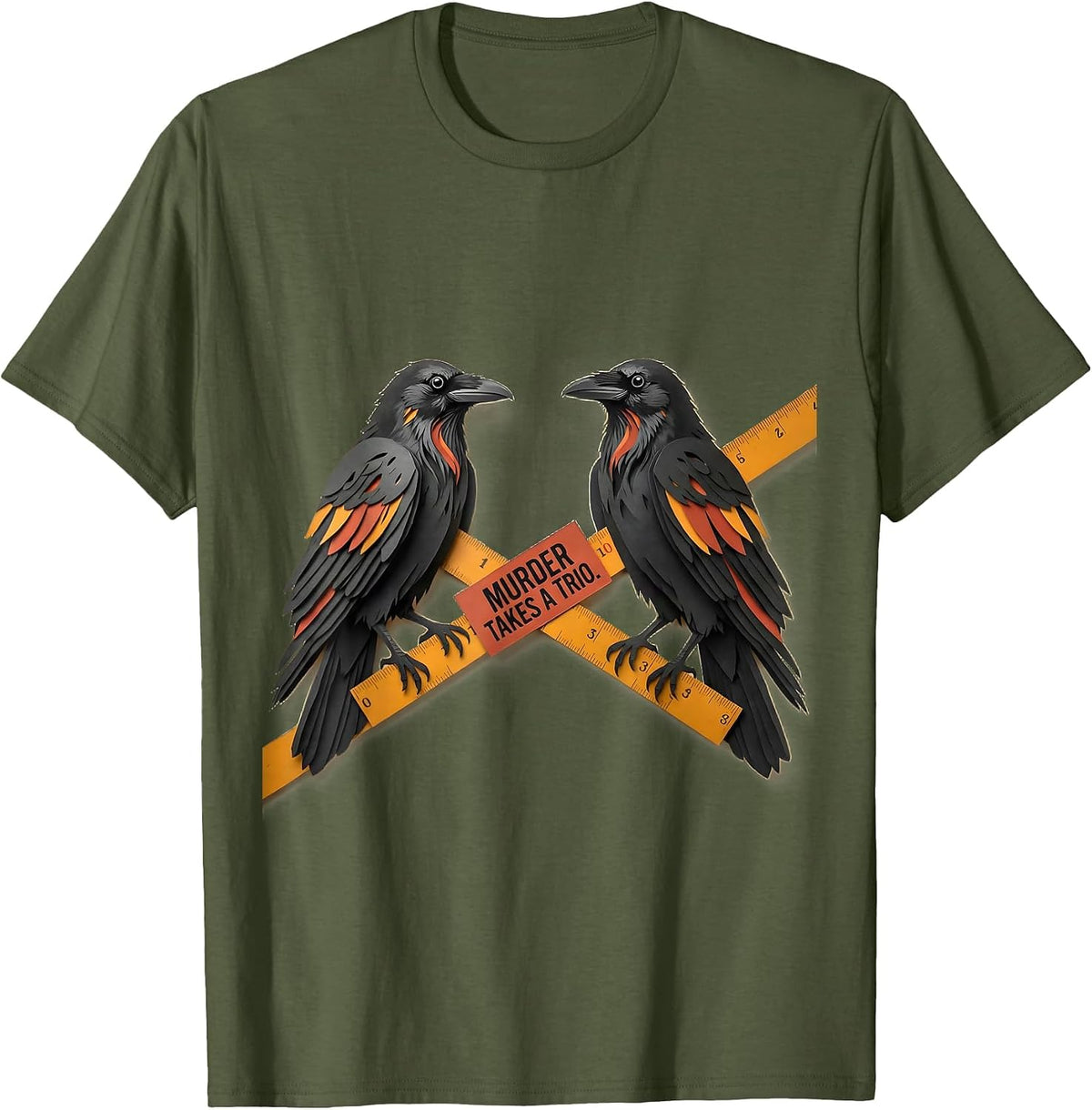 Murder Takes A Trio Paper-Cutout Crow Humor Gothic Literary T-Shirt - Olive Green
