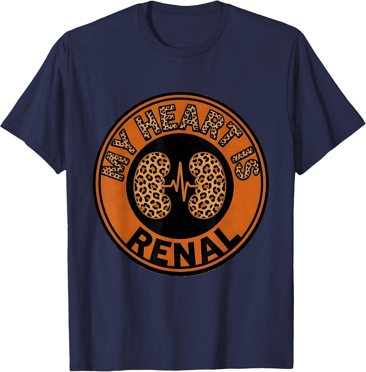 Men's My Heart Is Renal Leopard Dialysis Nurse Kidney Awareness T-Shirt - Navy Blue