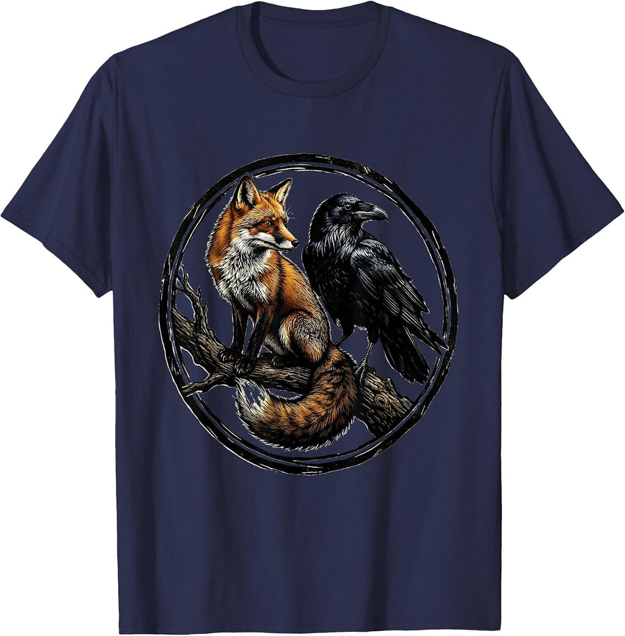 Fox and Raven Perched Together Nature Art T-Shirt - Navy Blue