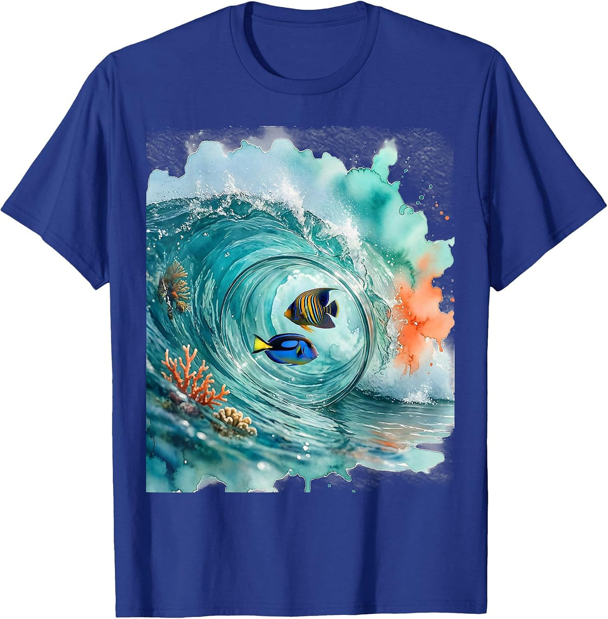 Tropical Fish Wave Curl Aloha Graphic Tee T-Shirt - Royal Blue