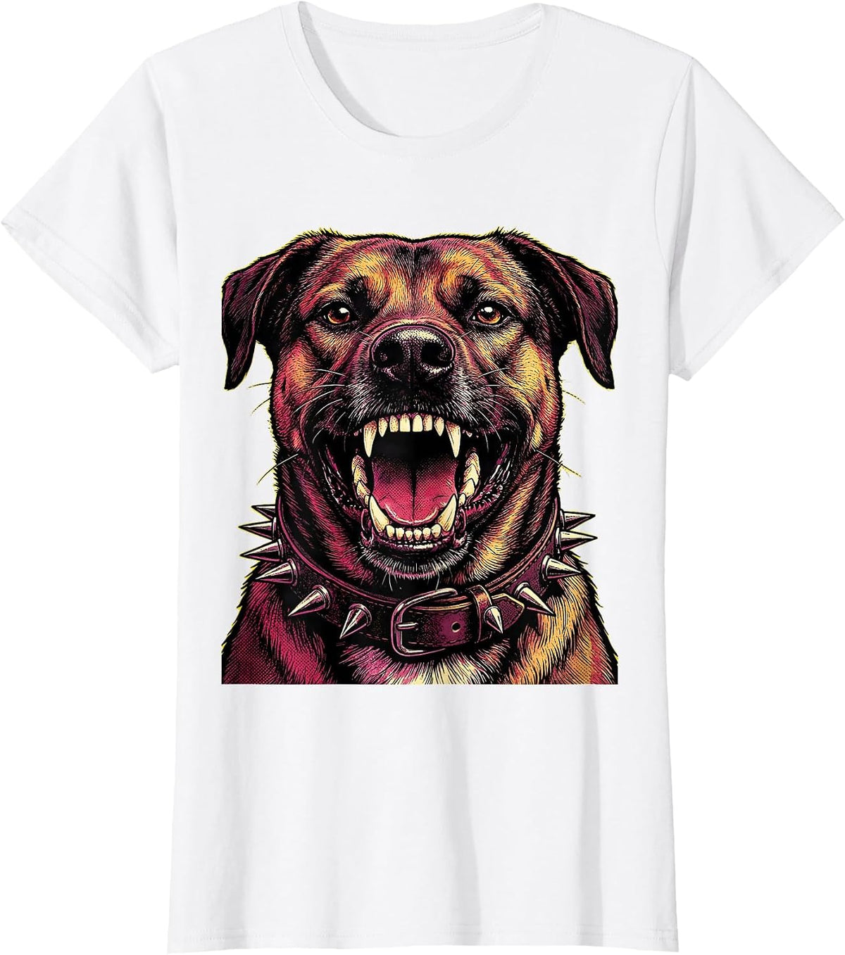 Snarling Punk Dog Studded Collar Graphic Design T-Shirt - White