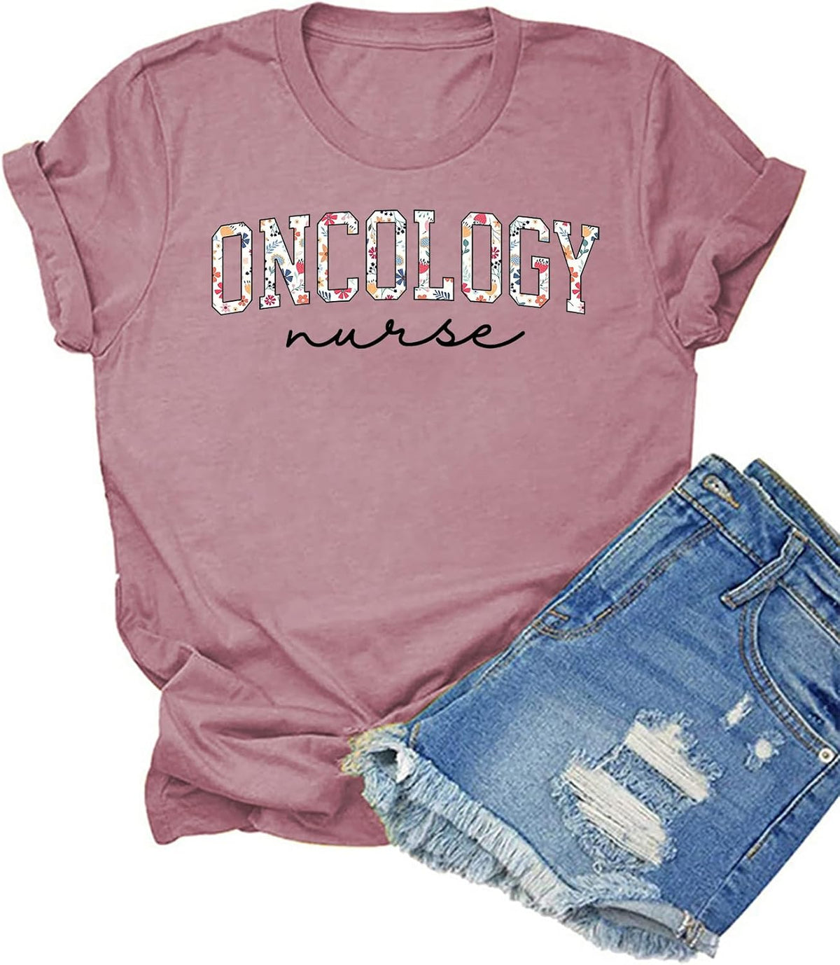 HONTOUTE Womens Oncology Nurse Flower Graphic T-Shirt Nurse Life Short Sleeve Summer Medical Profession Fit Tees Tops - Pink