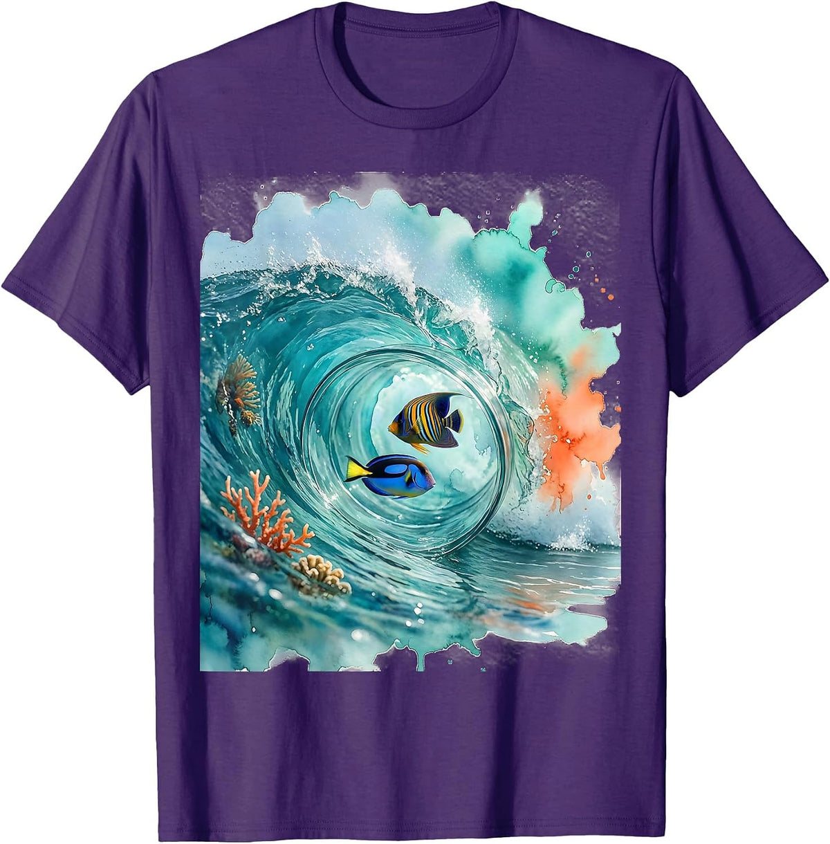 Tropical Fish Wave Curl Aloha Graphic Tee T-Shirt - Purple