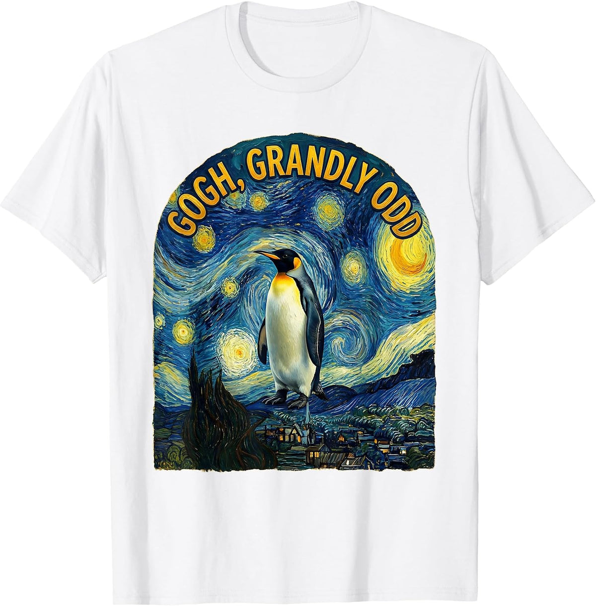 Men's Gogh, Grandly Odd Funny Van Gogh Art Penguin Lover Humor T-Shirt - White