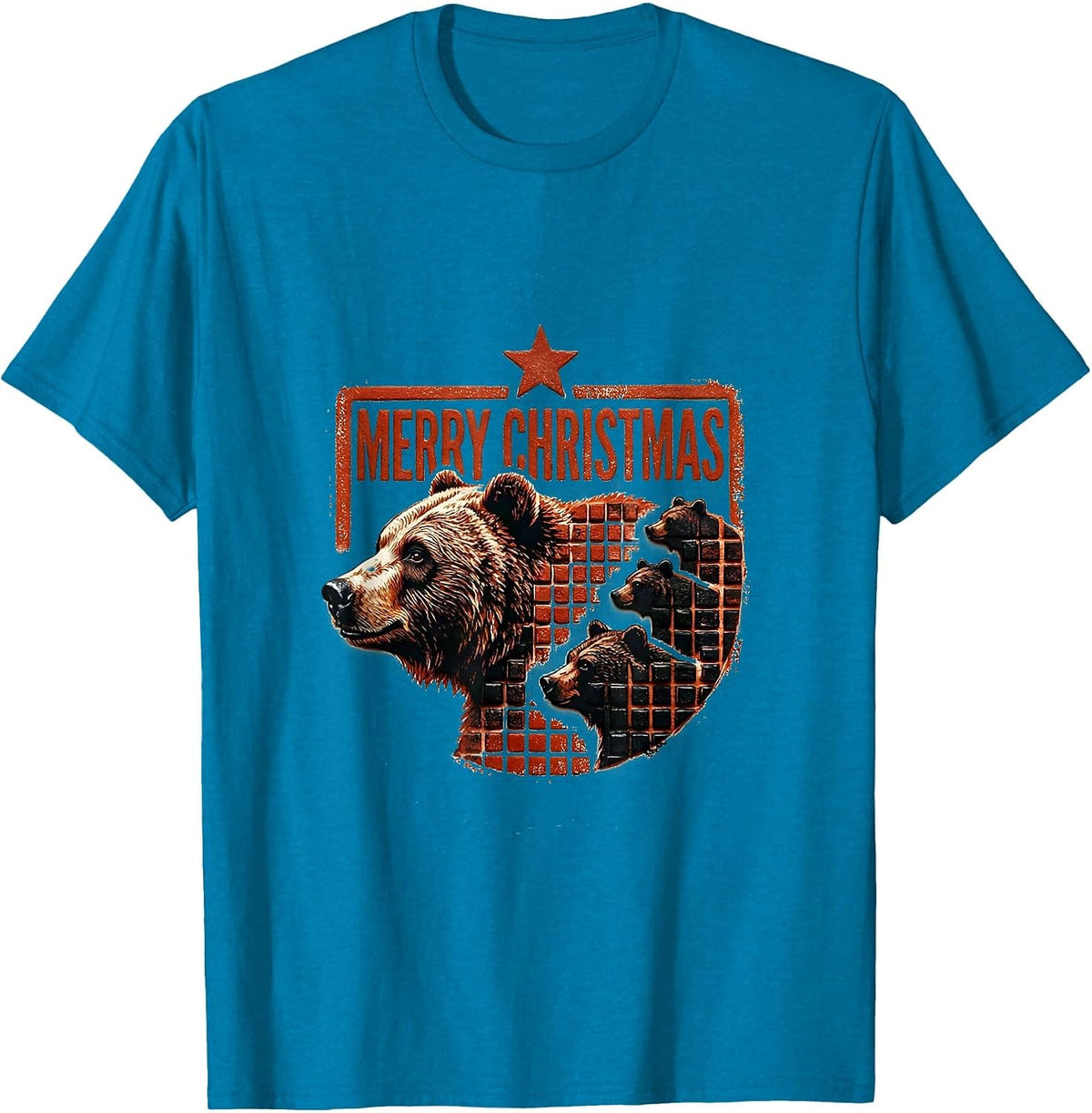 Merry Christmas Rubber Stamp Bear Family Buffalo Plaid T-Shirt - Sapphire Blue
