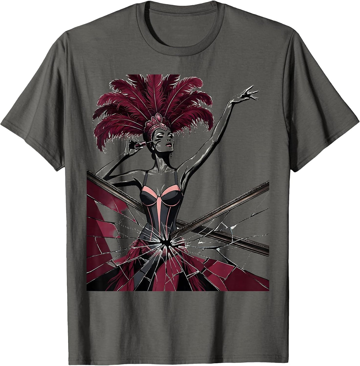 Showgirl Applying Mascara in Cracked Mirror T-Shirt - Asphalt Grey