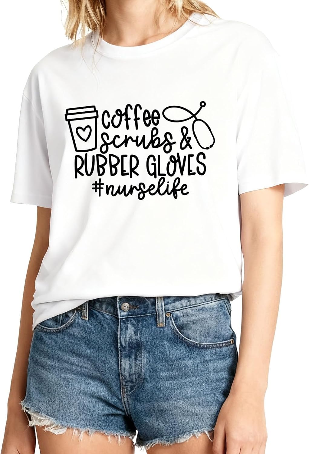 Nurse Life Shirt for Women Coffee Scrubs and Rubber Gloves Short Sleeve Casual T-Shirt RN Nursing Summer Tees Top - White