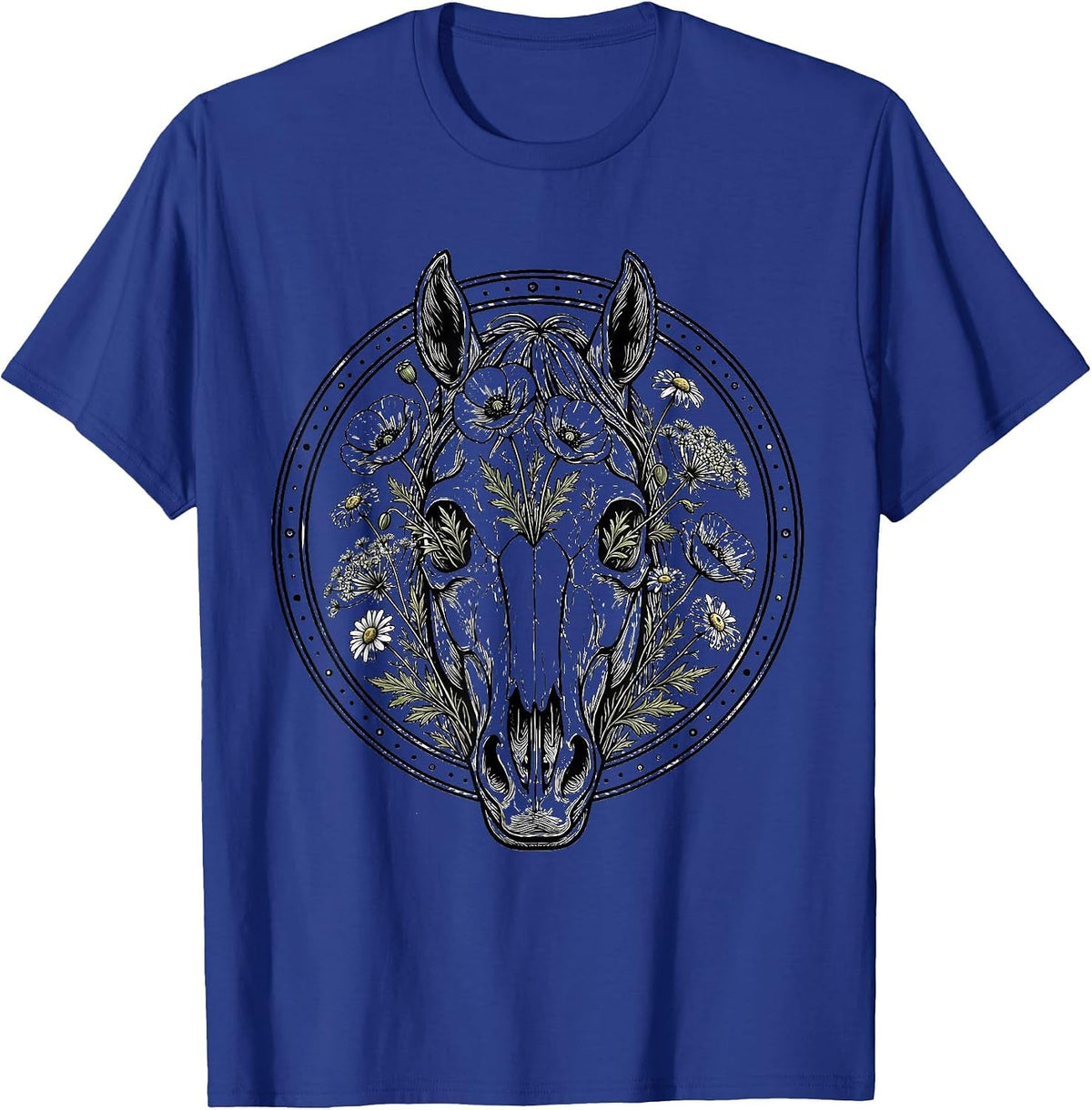 Horse Skull Wildflowers Floral Gothic Nature Art T-Shirt - Royal Blue