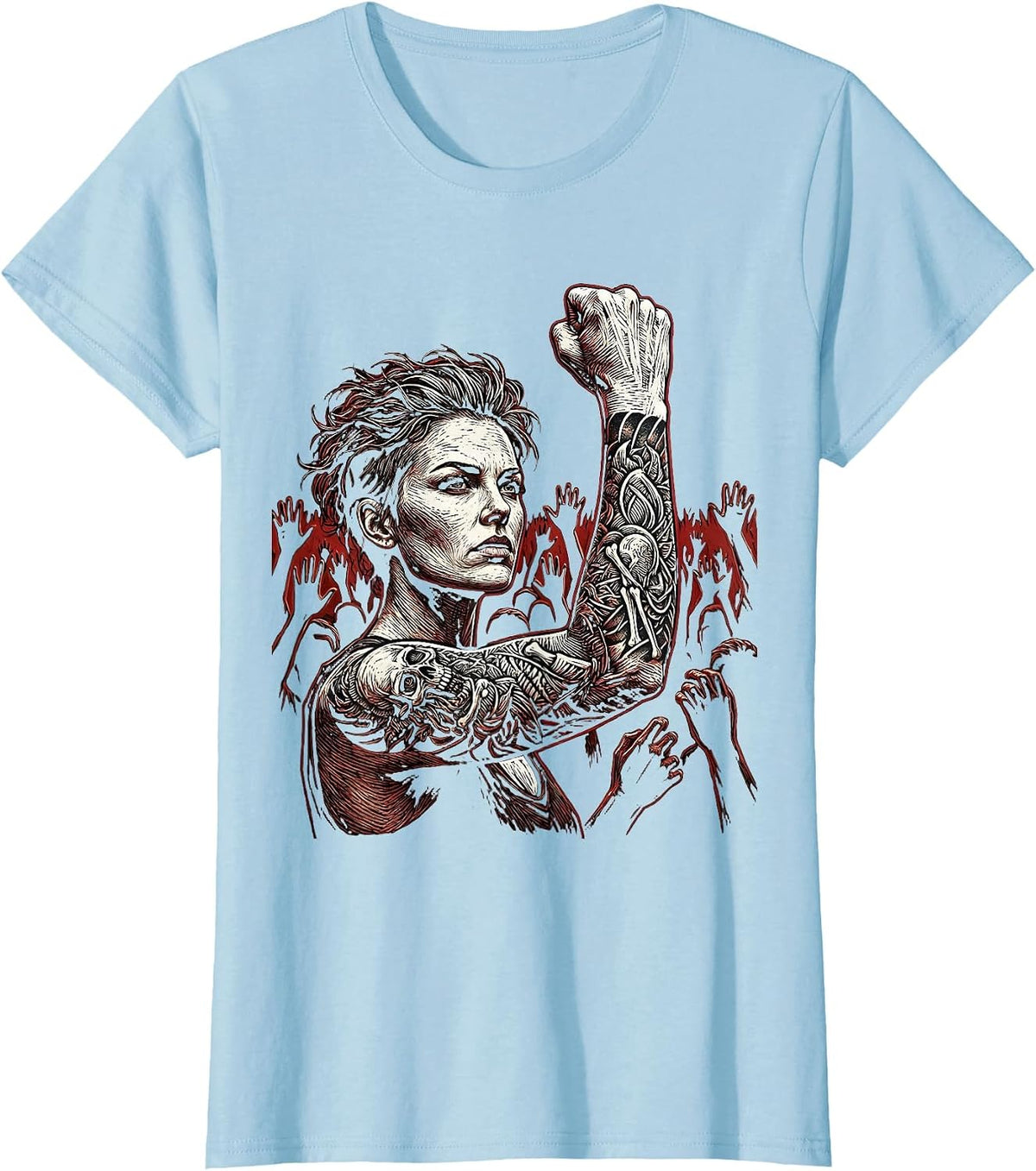 Women's Grunge Tattooed Fist Raise Crowd Illustration T-Shirt - Baby Blue