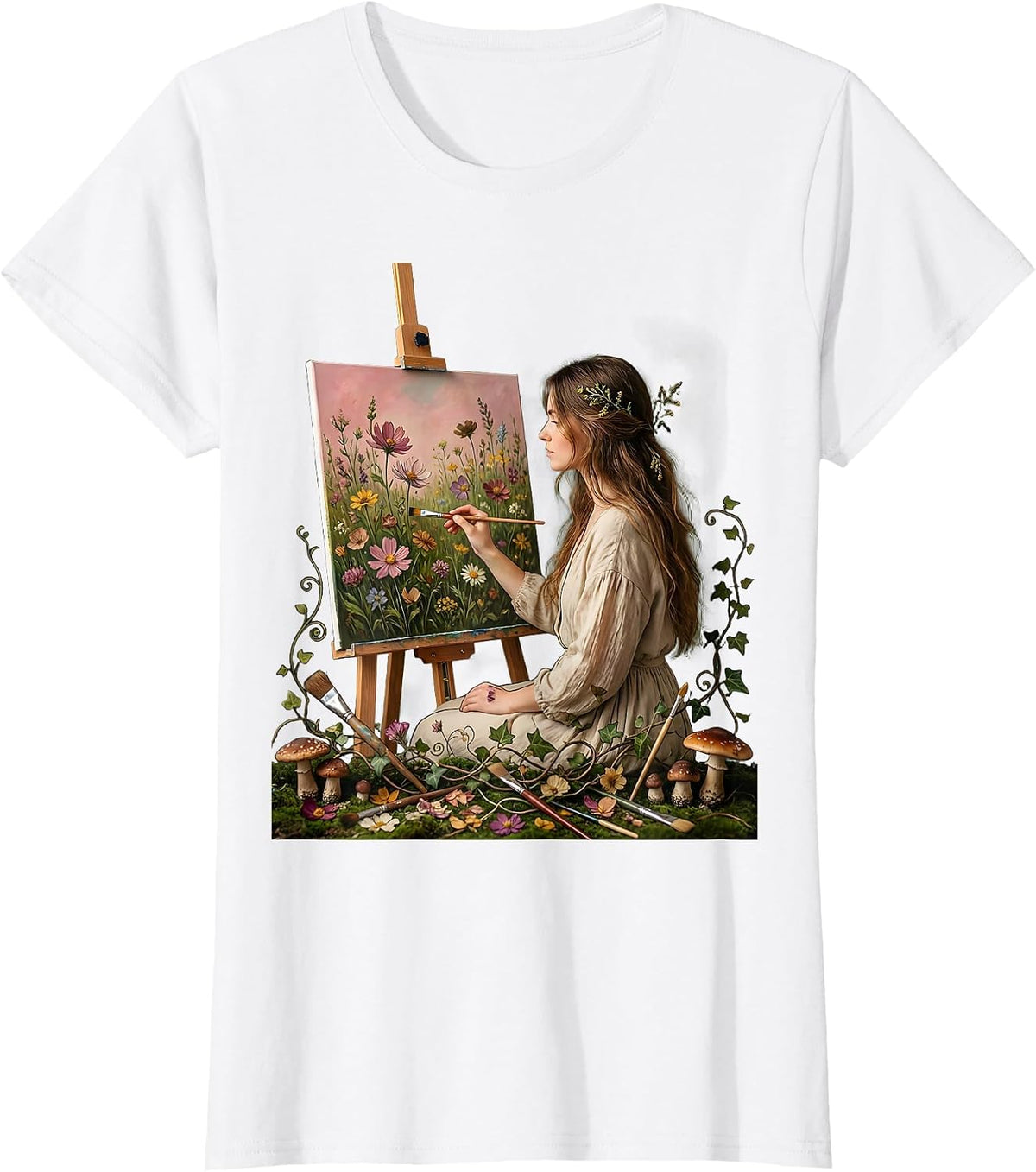 Women's Artist Painter Canvas Brushes College Art Studio T-Shirt - White