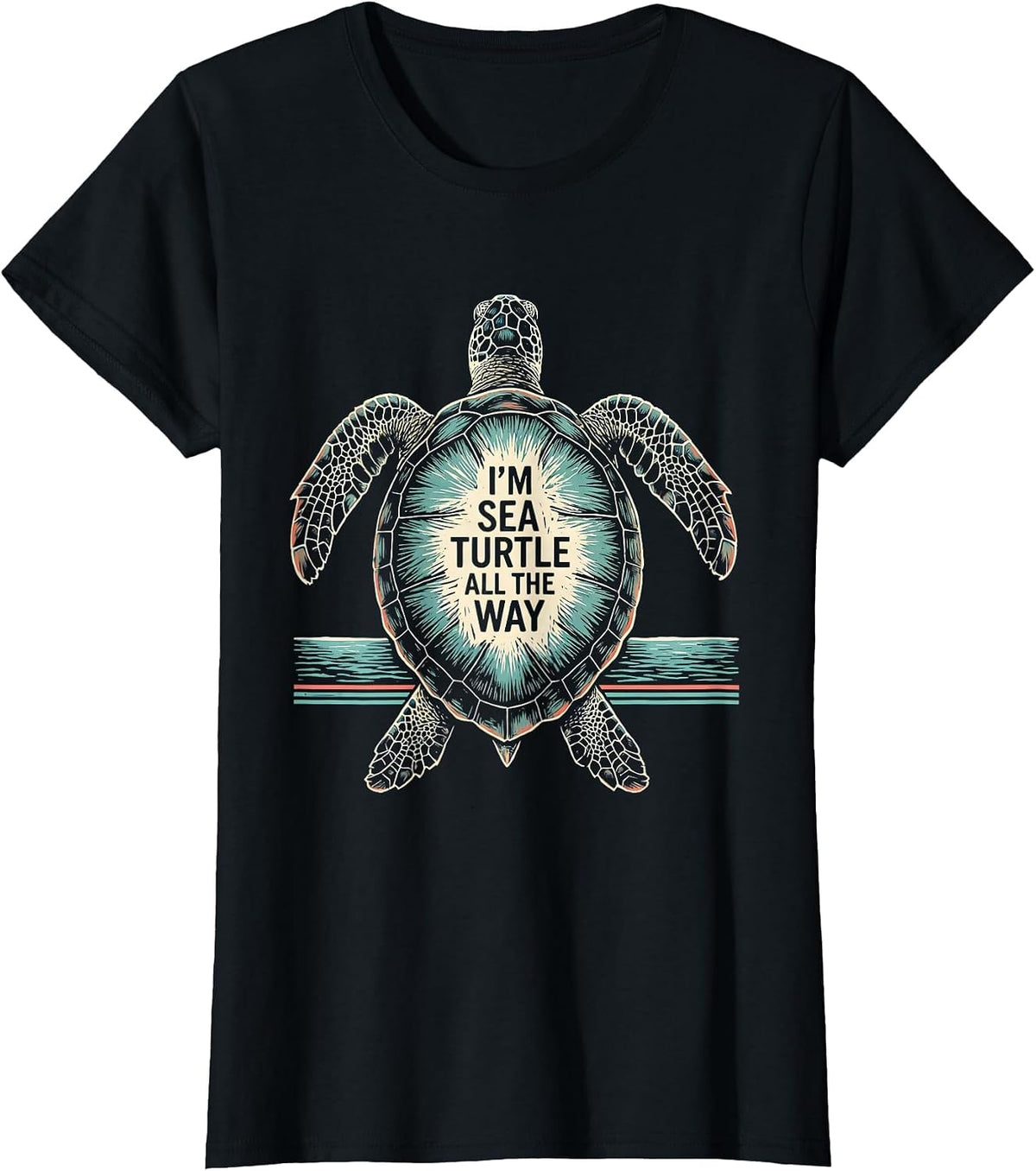I'm Sea Turtle All The Way Linocut Sea Turtle Lover Vacation T-Shirt - Black