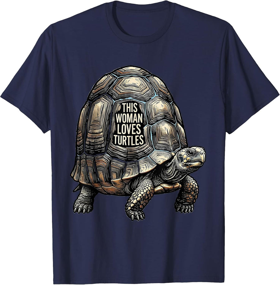 This Woman Loves Turtles Funny Turtle Lover Linocut Gift T-Shirt - Navy Blue