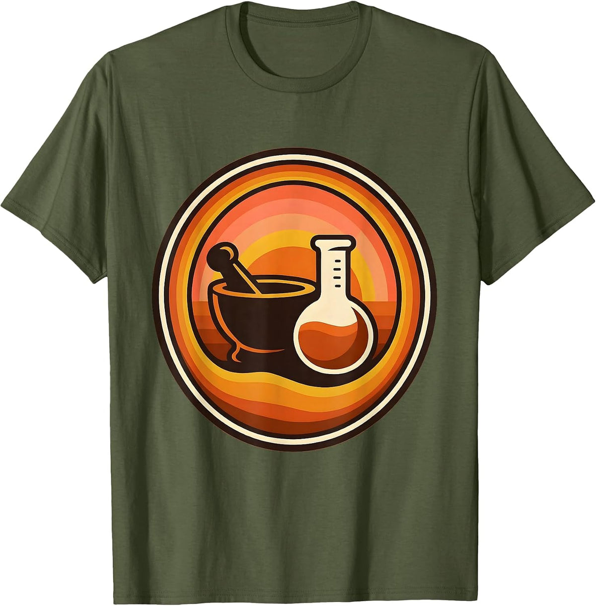 College Chemistry Mortar Pestle Flask Graphic T-Shirt - Olive Green