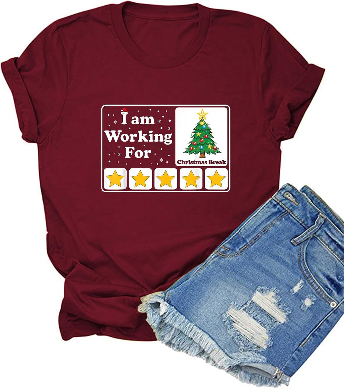 HONTOUTE I Am Working for Christmas Break Womens Shirt Xmas Tree Graphic Short Sleeve Christmas Work Crewneck Tees Tops - Red