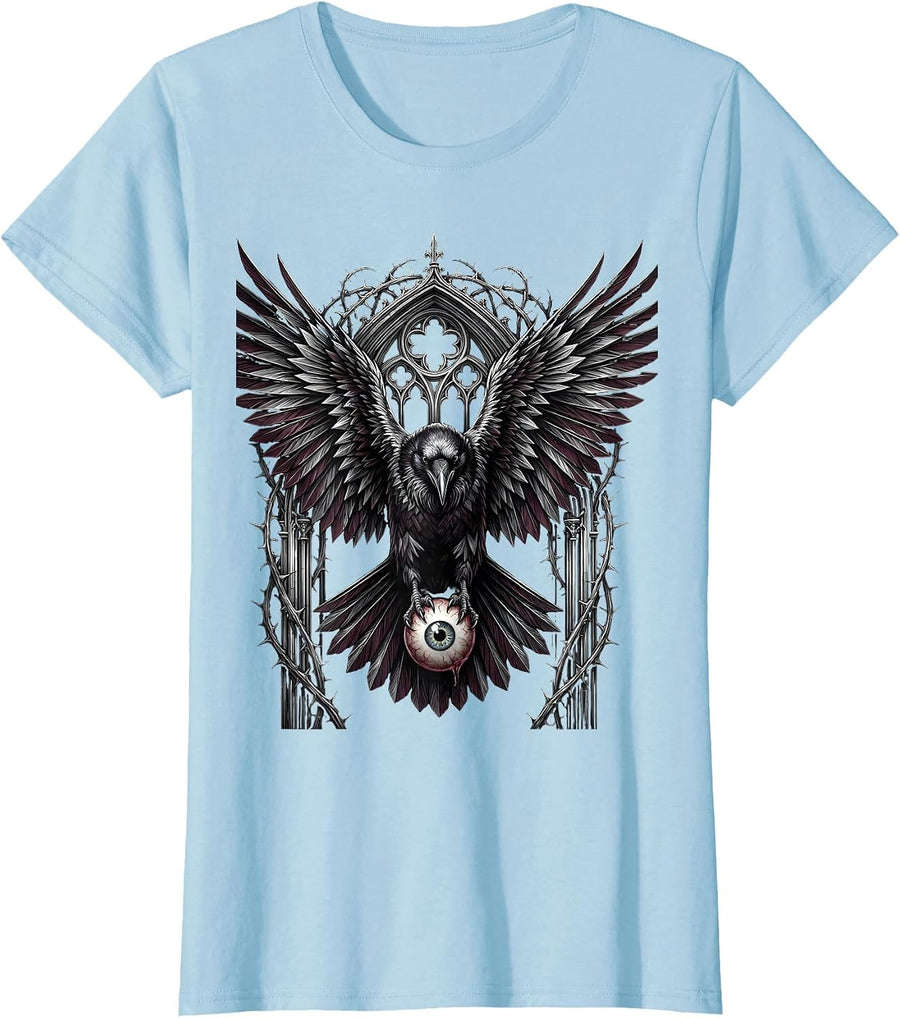 Women's Raven With Eyeball Spooky Gothic Bird Design T-Shirt - Baby Blue