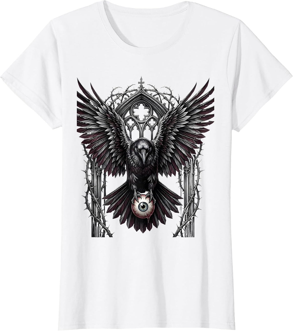 Women's Raven With Eyeball Spooky Gothic Bird Design T-Shirt - White