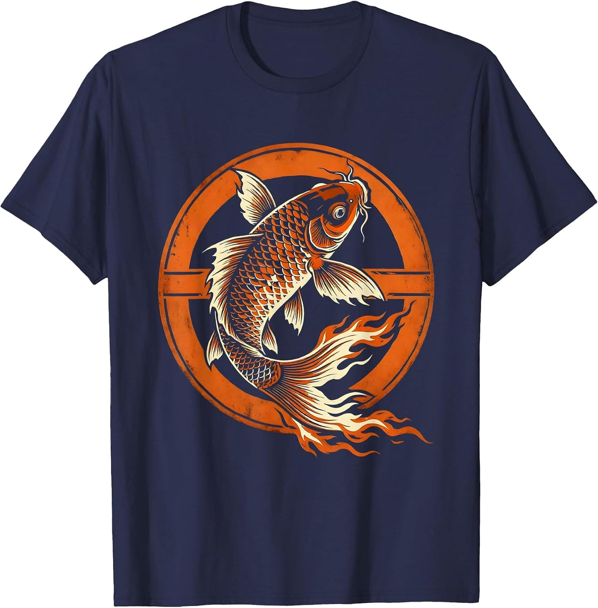 Men's Flame Koi Fish Leaping Upward Graphic Design T-Shirt - Navy Blue