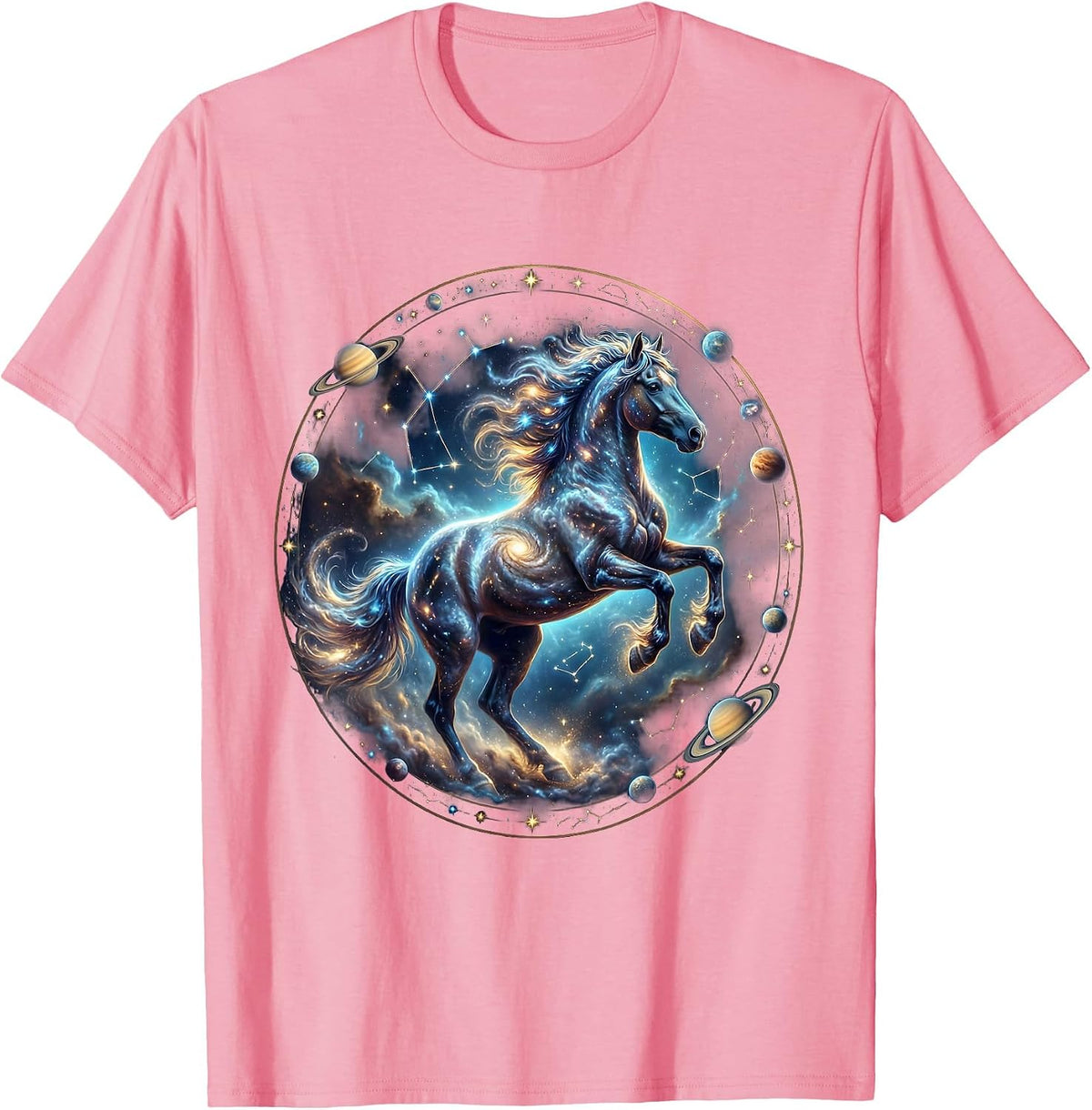 Men's Wild Horse Galloping Through Tall Grass Illustration T-Shirt - Pink