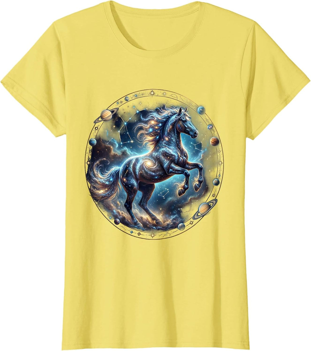 Women's Wild Horse Galloping Through Tall Grass Illustration T-Shirt - Lemon Yellow