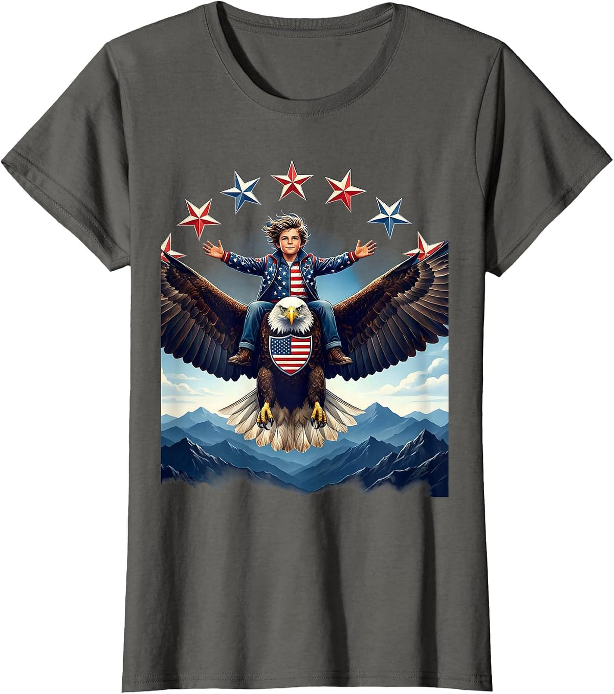 Women's American Flag Bald Eagle Mountain Rider Design T-Shirt - Asphalt Grey