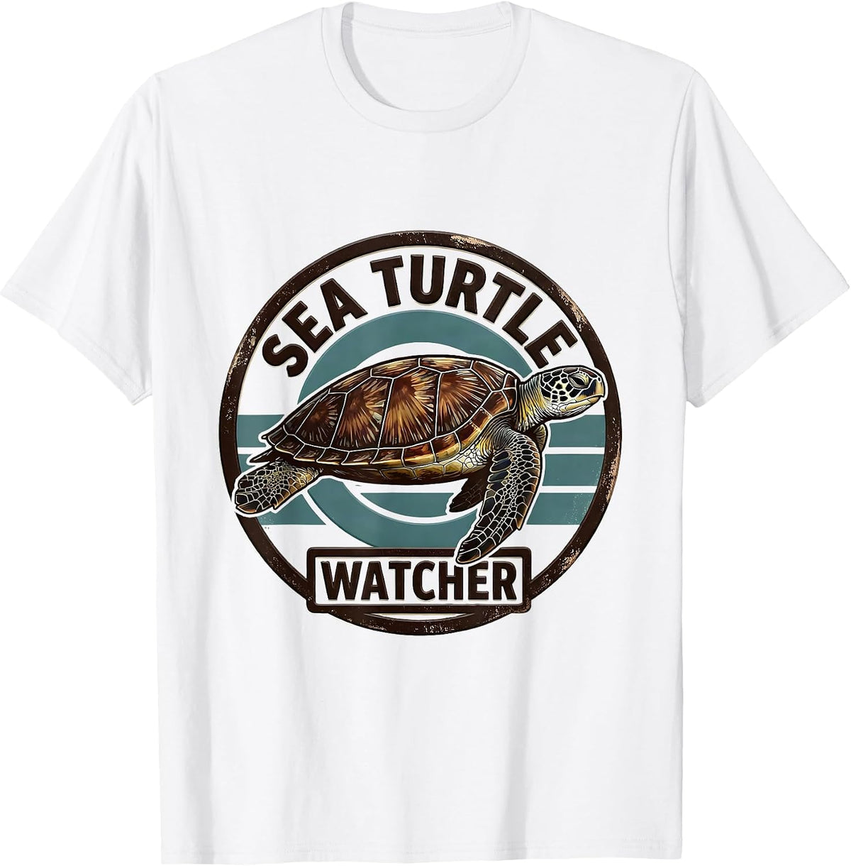 Men's Sea Turtle Watcher Wood Type Letterpress Animal Badge Patch T-Shirt - White