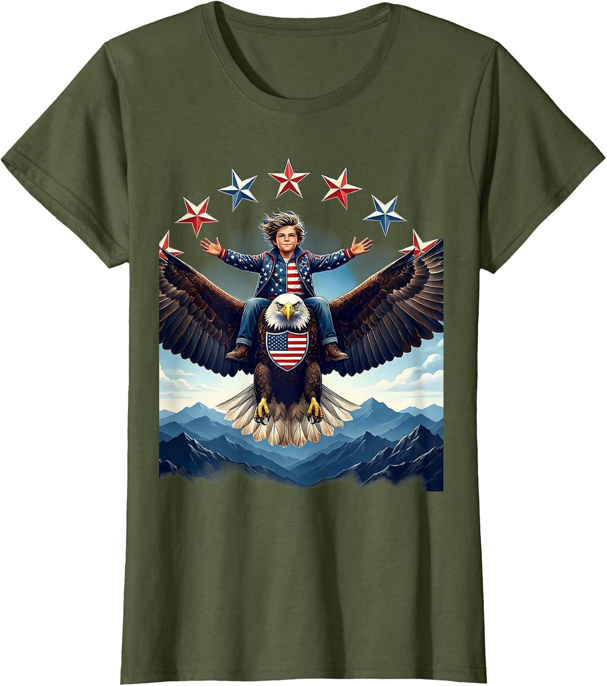 Women's American Flag Bald Eagle Mountain Rider Design T-Shirt - Olive Green
