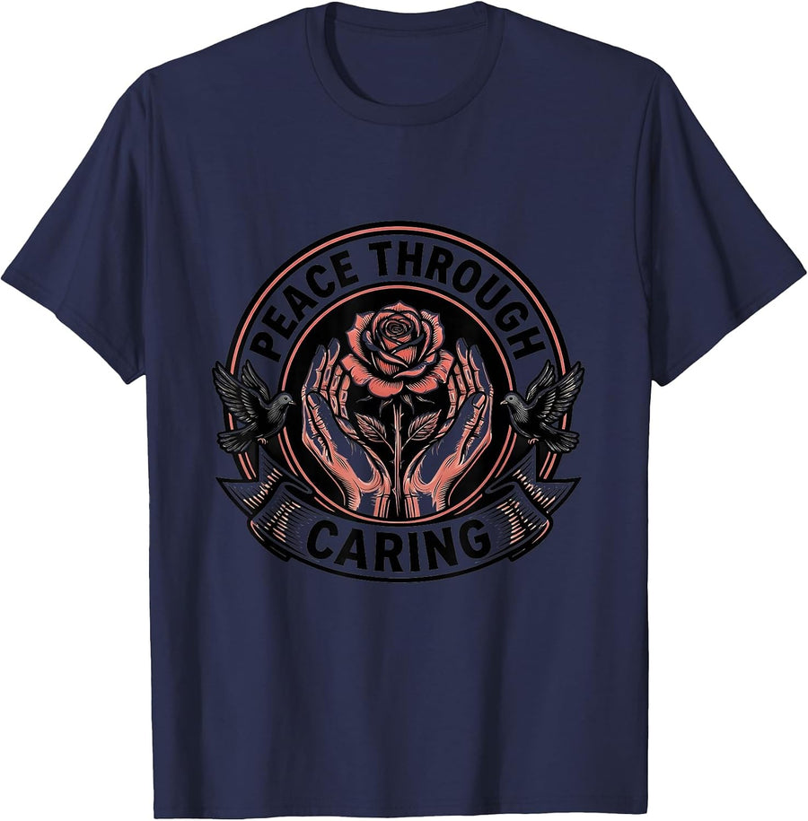 Peace Through Caring Hospice Nurse Design T-Shirt - Navy Blue