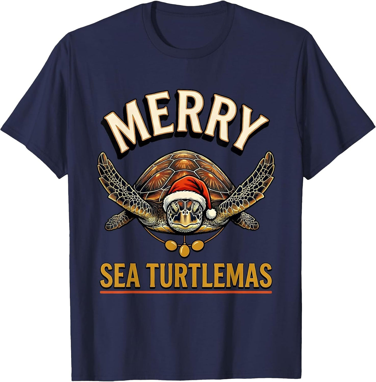 Men's Merry Sea Turtlemas Sign Painter Whimsical Sea Turtle Lover T-Shirt - Navy Blue