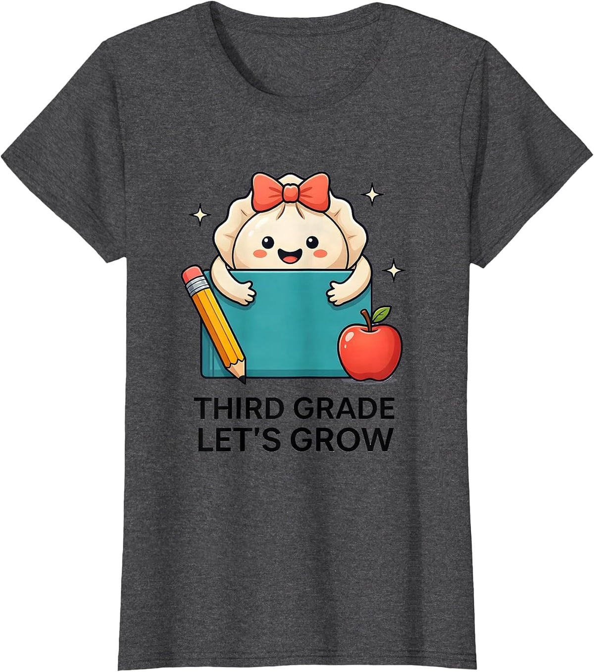 Women's Third Grade Let's Grow Kawaii Dumpling Girl Teacher Back T-Shirt - Dark Heather Grey