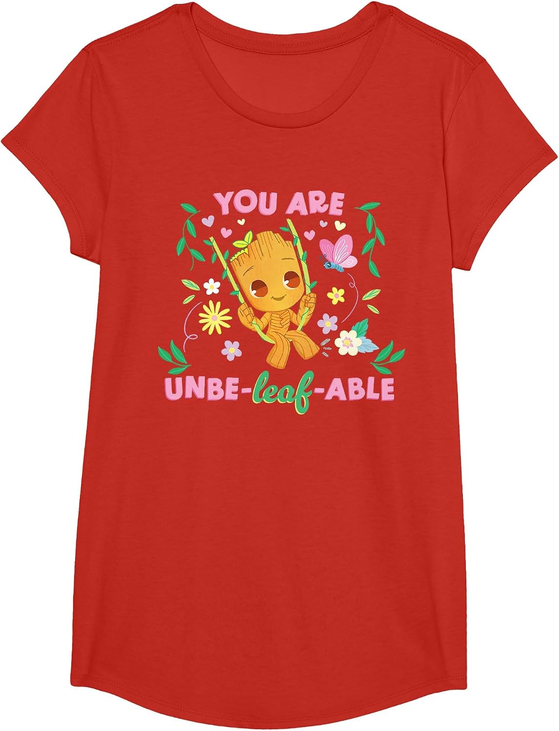 Marvel Valentine's Day Spring Groot You are Unbe-Leaf-able T-Shirt - Girls Red