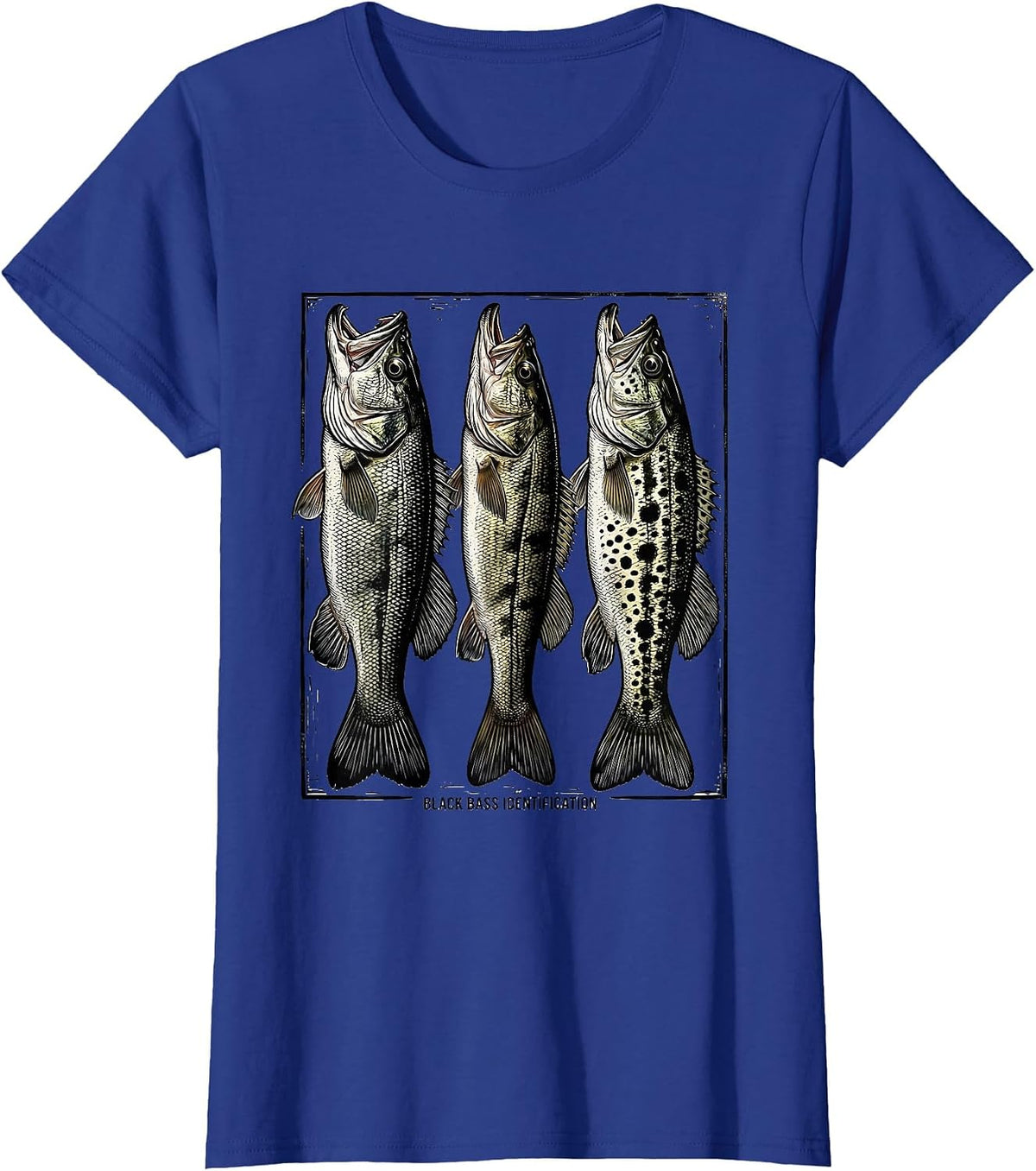 Women's Black Bass Identification Woodcut Engraving Fishing Chart T-Shirt - Royal Blue