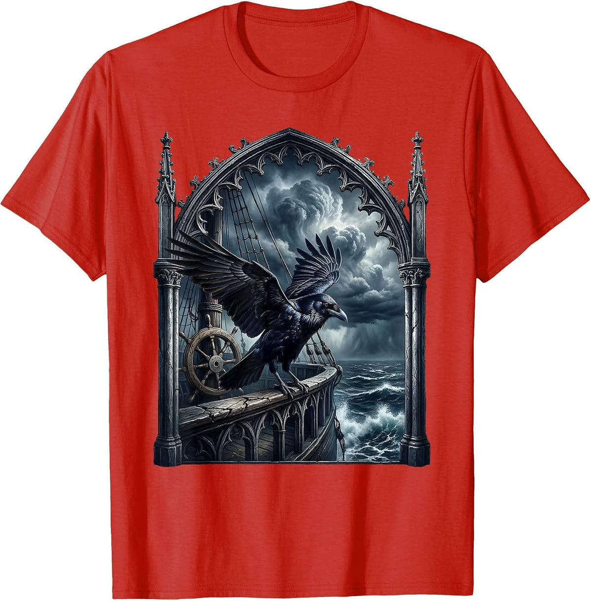 Men's Raven on Ship Railing Stormy Dusk Pirate Design T-Shirt - Red