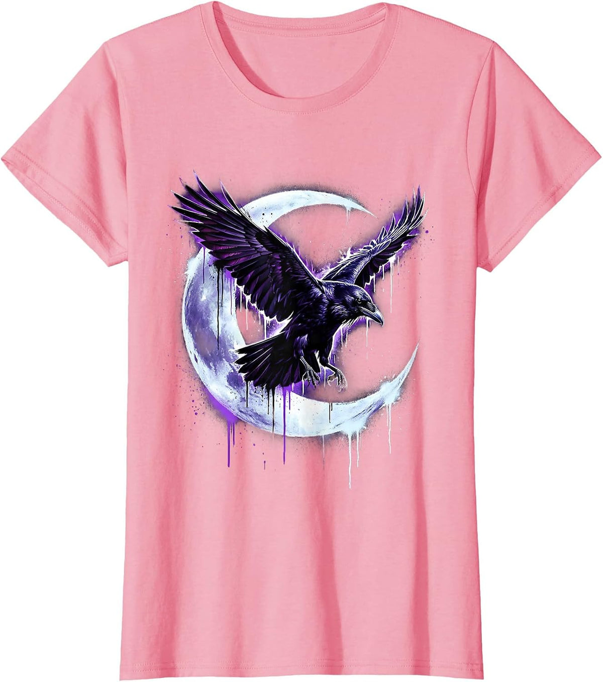 Women's Raven Flying Through Crescent Moon Silhouette T-Shirt - Pink