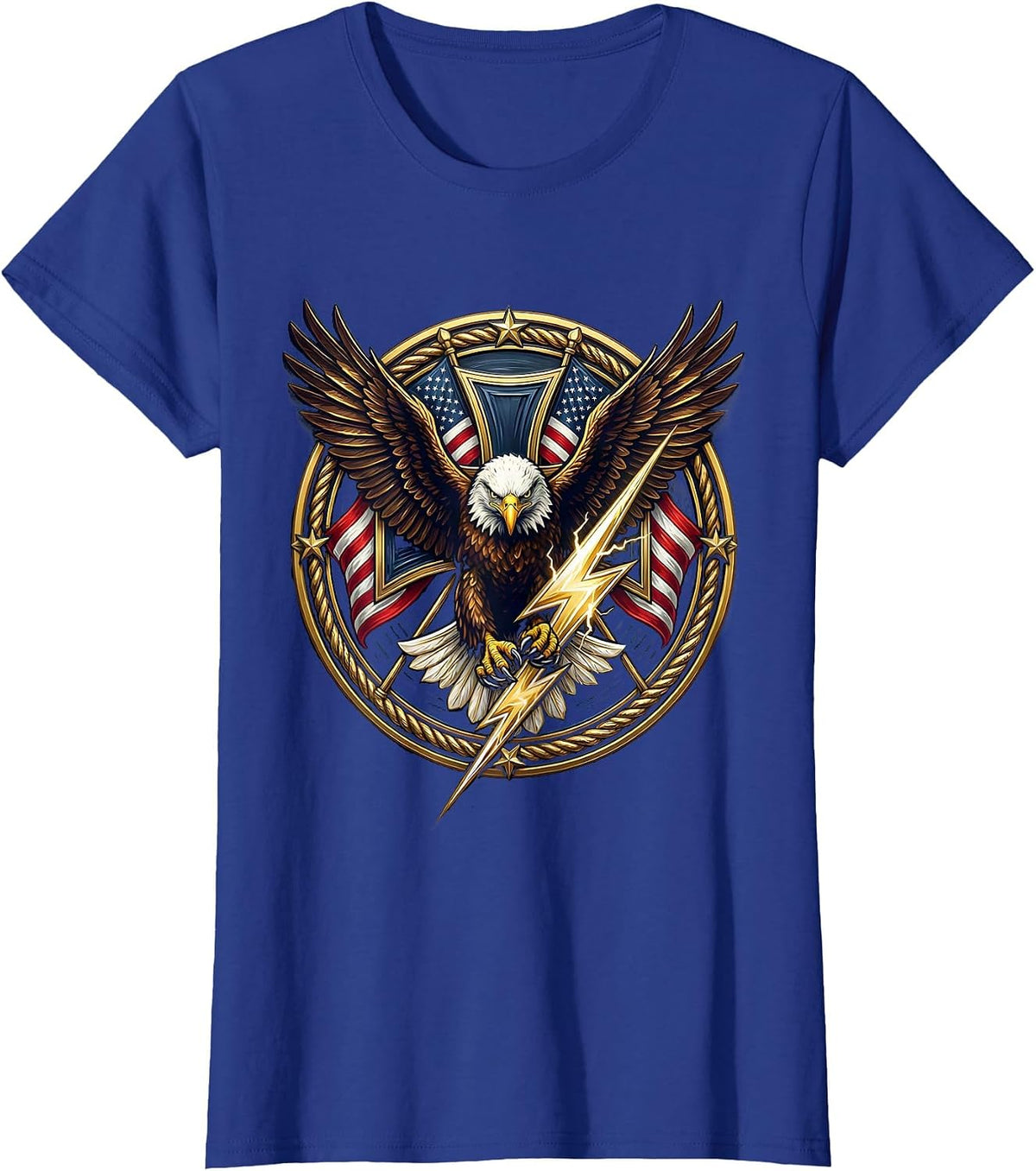 Women's Bald Eagle Lightning Bolt Patriotic Graphic Tee T-Shirt - Royal Blue