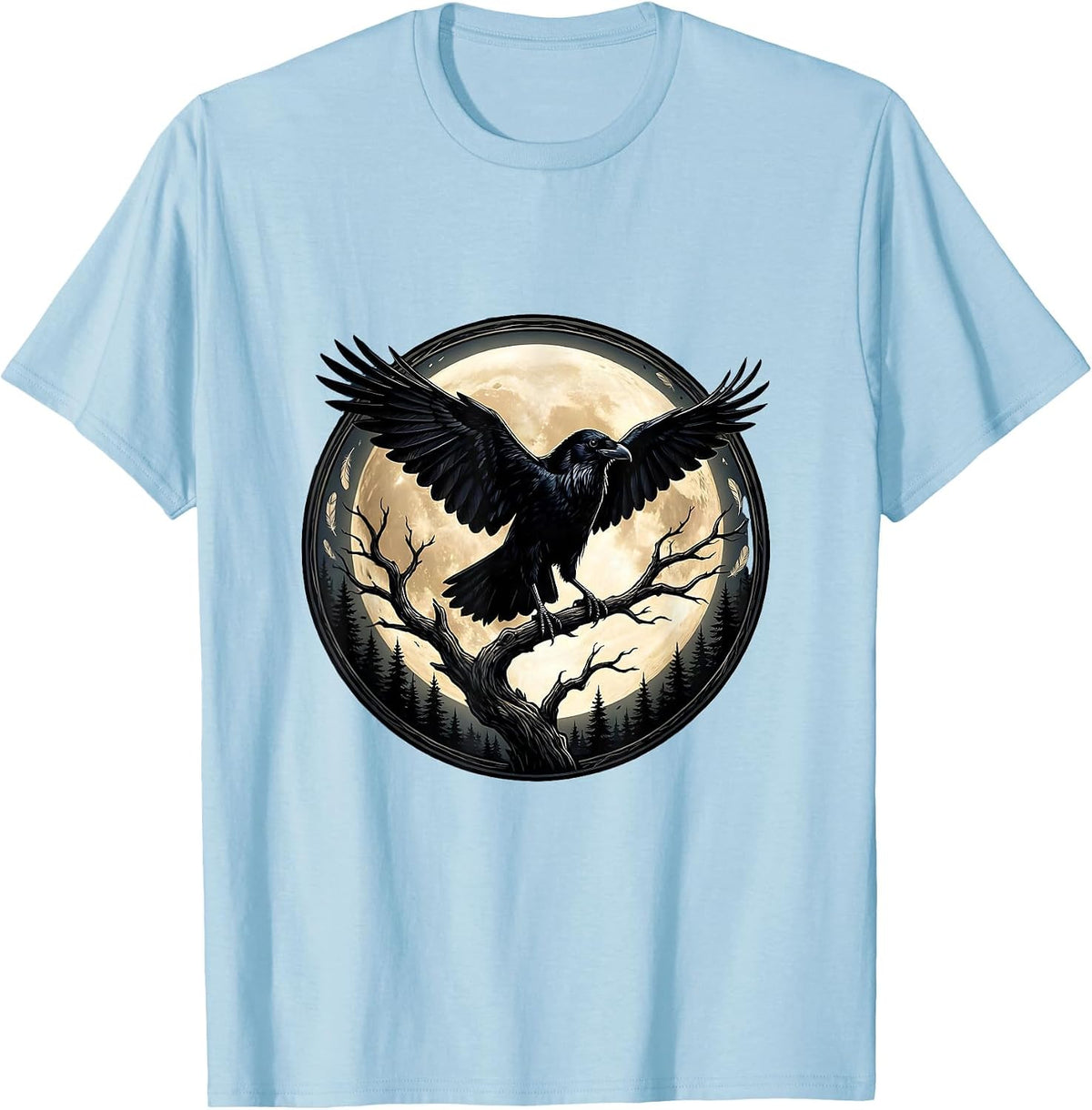 Men's Raven Silhouette Full Moon Gothic Night Sky T-Shirt - Baby Blue
