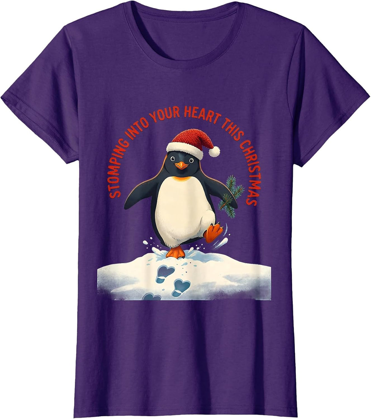 Women's Stomping Into Your Heart This Christmas Funny Penguin Lover T-Shirt - Purple