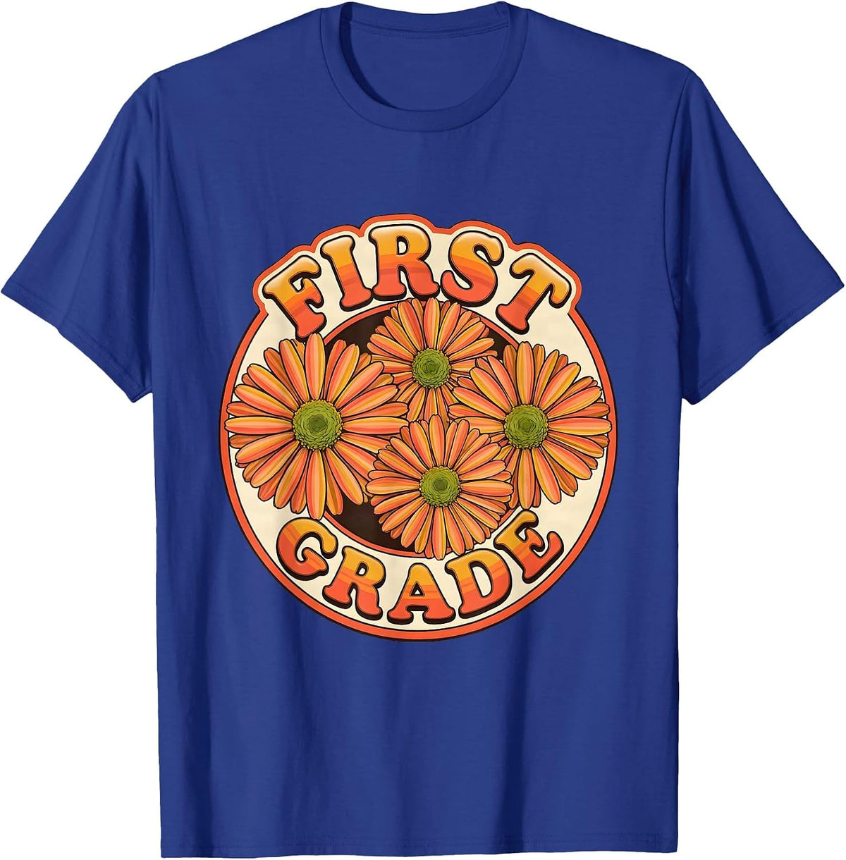 Men's FIRST GRADE Retro Flower Power Squared Back To School T-Shirt - Royal Blue